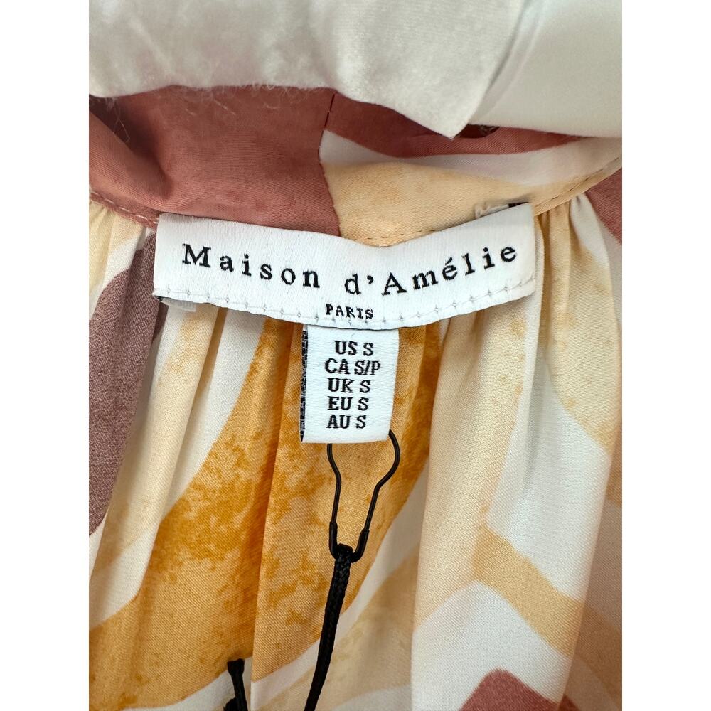 Maison d’Amélie Abstract Print Tie Neck Blouse Puff Sleeve Pink NWT Small - Picture 6 of 9